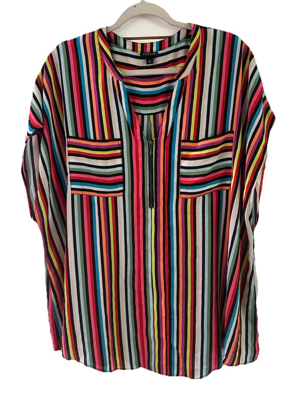 TORRID Womens Sz 3 Georgette Zip Front Dolman Blouse Colorful Rainbow Striped